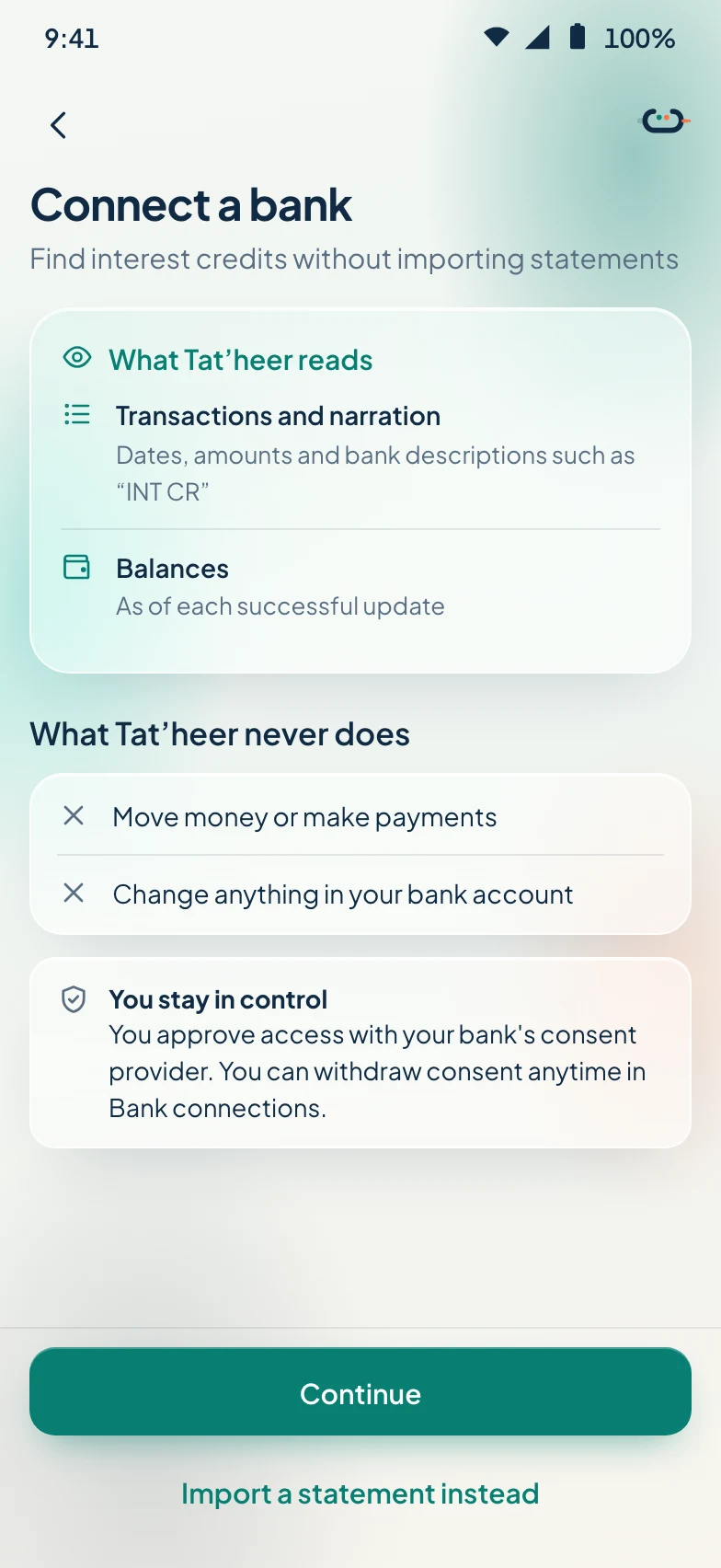 App preview explaining which account information a bank connection would read, and what Tat’heer never does.