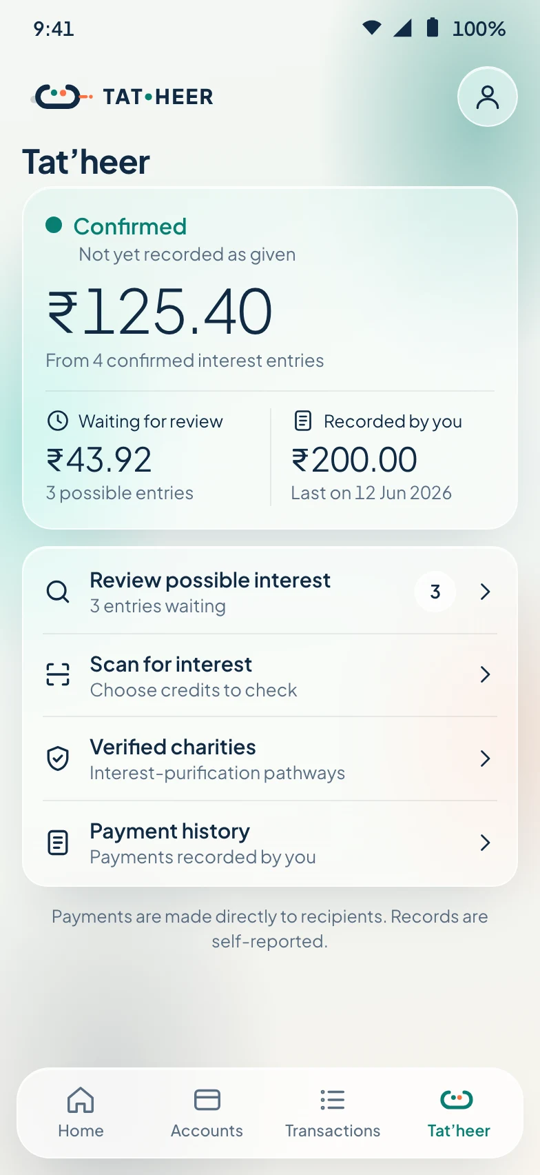 App preview showing confirmed interest, entries waiting for review, and payments recorded by the user as separate totals.
