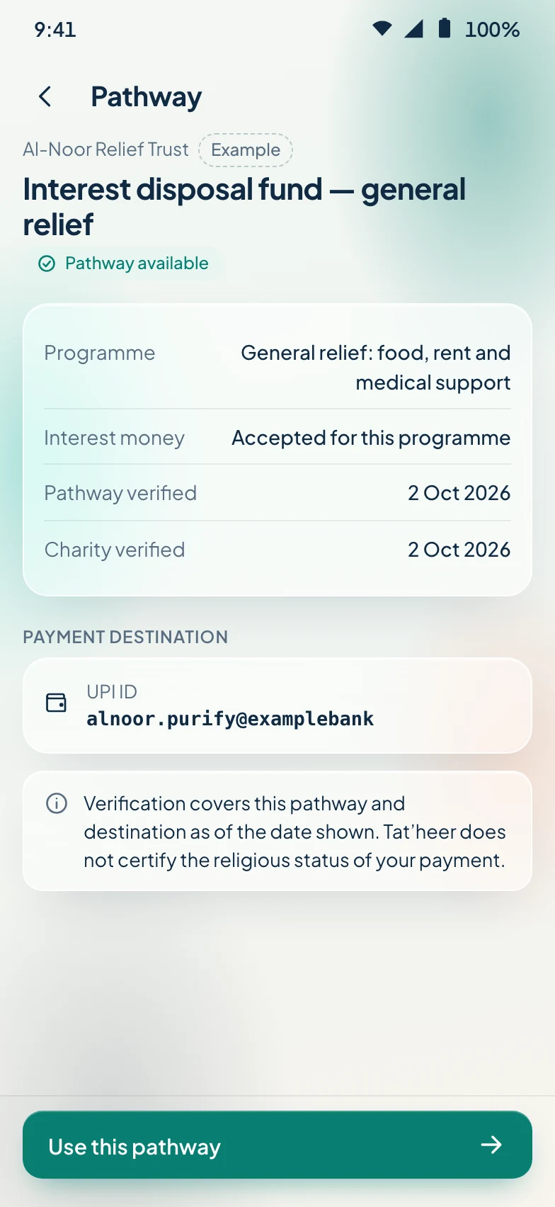 App preview of an example charity pathway with its programme and payment details.